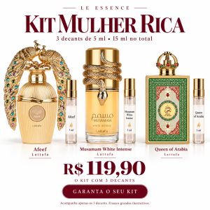 Kit Mulher Rica – 3 Decants de 5 ml | Afeef, Musamam White Intense e Queen of Arabia